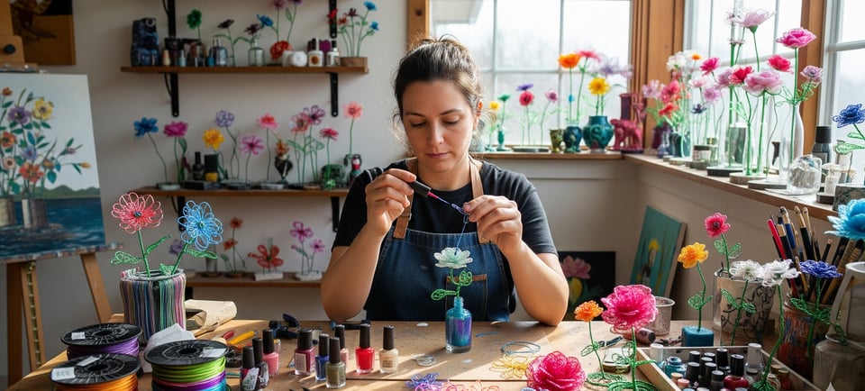 woman making wire and nail polish flowers in art studio