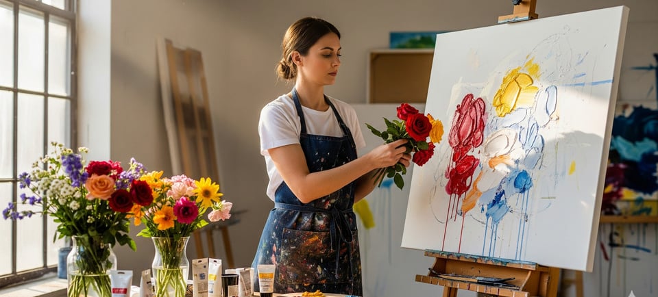 woman in art studio painting with flowers