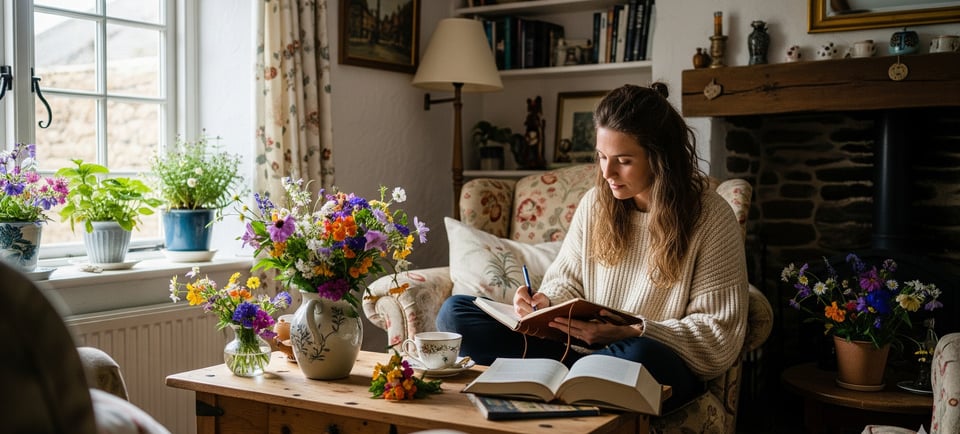 woman surrounded by fresh flowers writing