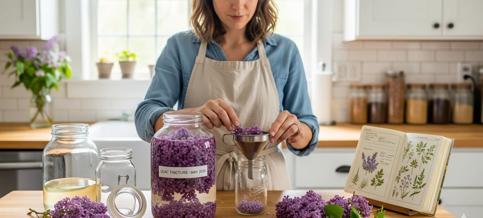 woman in kitchen making lilac tincture