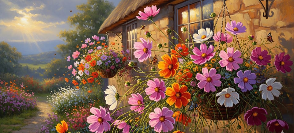 painting of cottage with cosmos flowers outside
