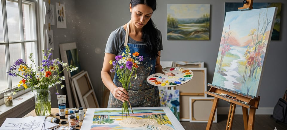 woman painting with flowers