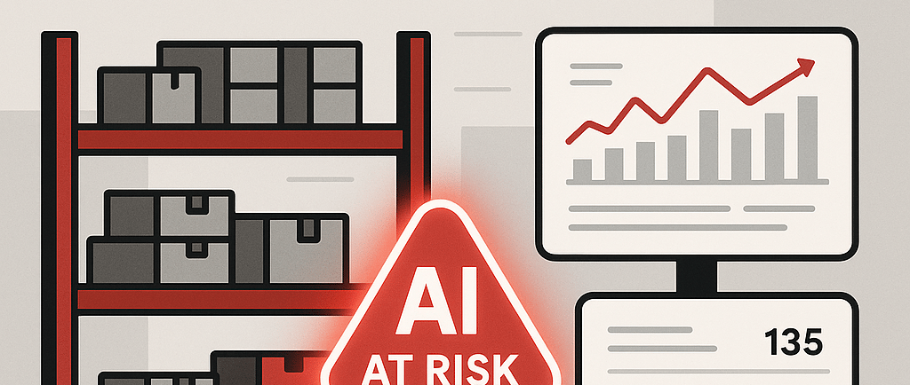 Flat-style digital illustration showing a warehouse shelf with boxes and a glowing red “AI AT RISK” warning sign