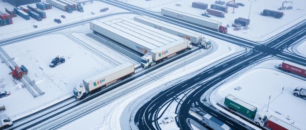 Aerial view of a snow-covered logistics hub in the Southeast, with trucks stranded and snow drifts