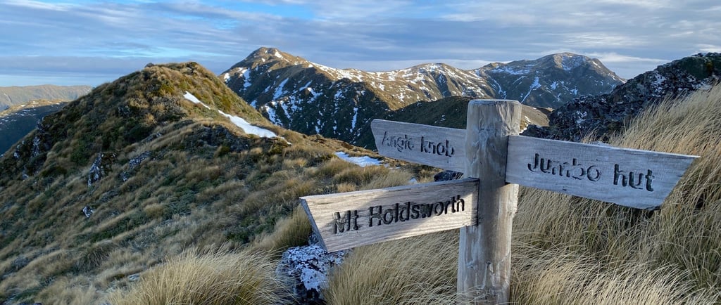 Trail sign marking Mount Holdsworth hiking route in New Zealand