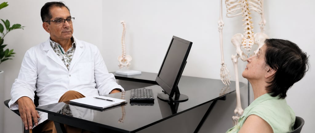 Médico acompañando a un paciente adulto mayor en el control del dolor crónico por fibromialgia