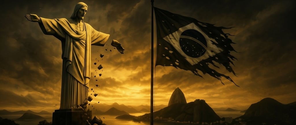 Cristo Redentor rachado e desabando sob um céu tempestuoso em Rio de Janeiro, simbolizando o juízo.