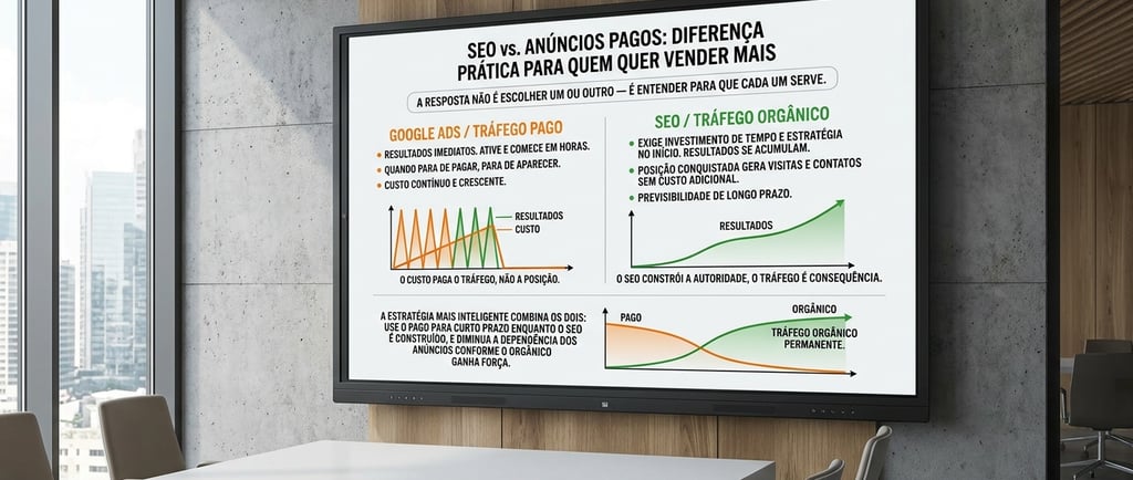 Comparison chart showing differences between SEO organic traffic and Google Ads paid traffic strategies.
