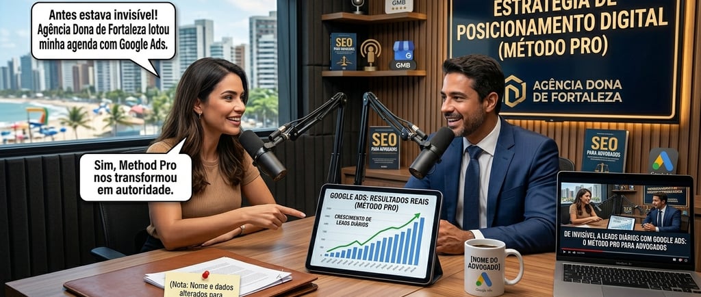 Professional podcast setup showing a lawyer and marketing expert discussing Google Ads lead growth strategies for law firms.