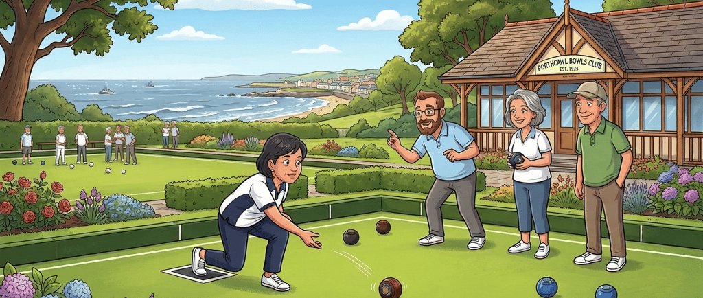 A vibrant cartoon illustration of four men and women in their 40s playing lawn bowls at Porthcawl