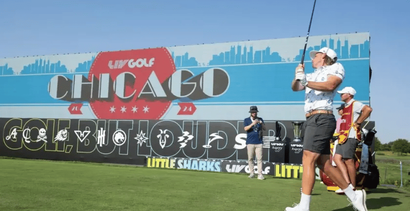 Cam Smith of Ripper GC tees on at LIV Golf Chicago 2024.