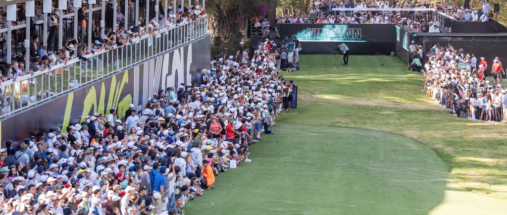 Captain Joaquín Niemann of Torque GC hits his shot from the 18th tee during the final round