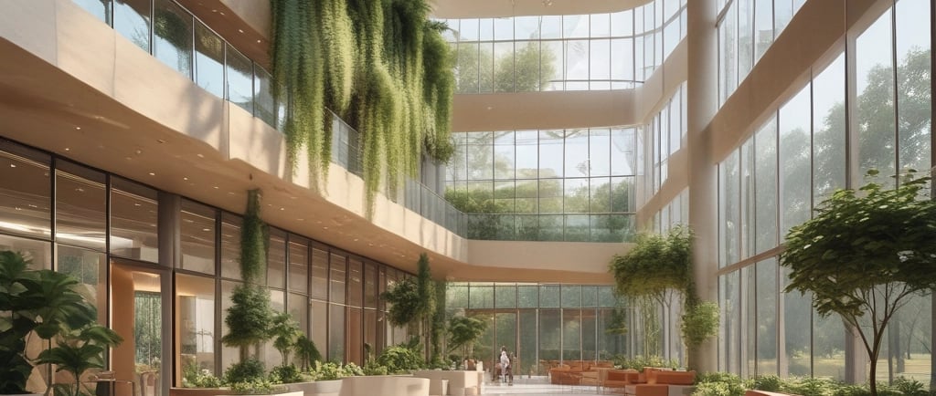 A modern architectural design featuring a multi-level building with geometric lines and contrasting colors. The facade is composed of white, red, and blue panels, creating a striking visual. Multiple windows punctuate the surface and a narrow, shadowy corridor extends inward.