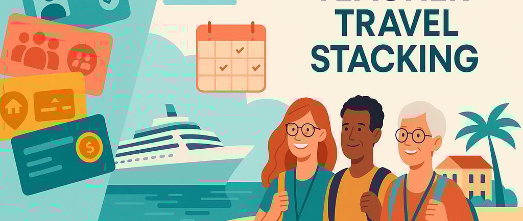 Teacher Travel Stacking: three educators on a beach with a cruise ship, resort, and calendar icons.