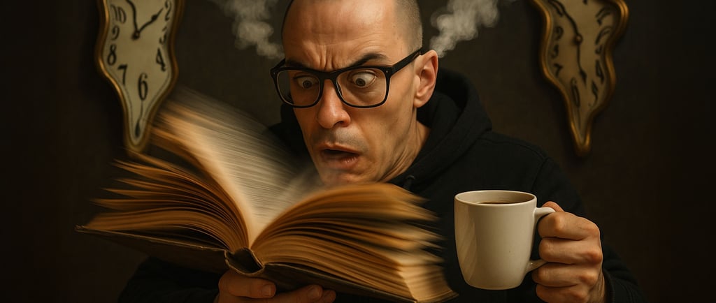 Uomo che legge un libro a velocità surreale con pagine in rapido movimento, fumo che esce dalle orec