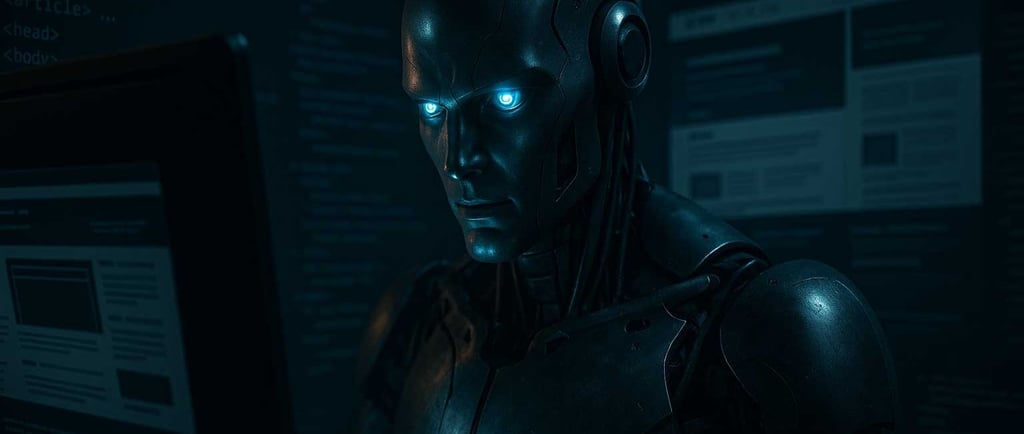 a robot with glowing eyes and a robot in the dark