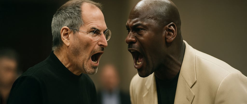 Steve Jobs e Michael Jordan che si urlano in faccia in una scena comica iper realistica, pensata per