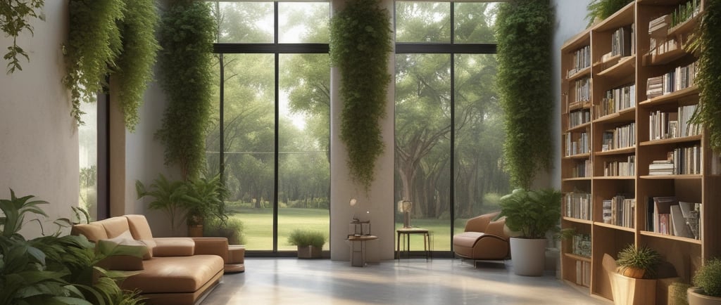 A modern building with a green roof is set against a backdrop of tall, lush evergreen trees. The architecture features angular lines and large glass windows, integrating the structure harmoniously with the surrounding natural landscape.