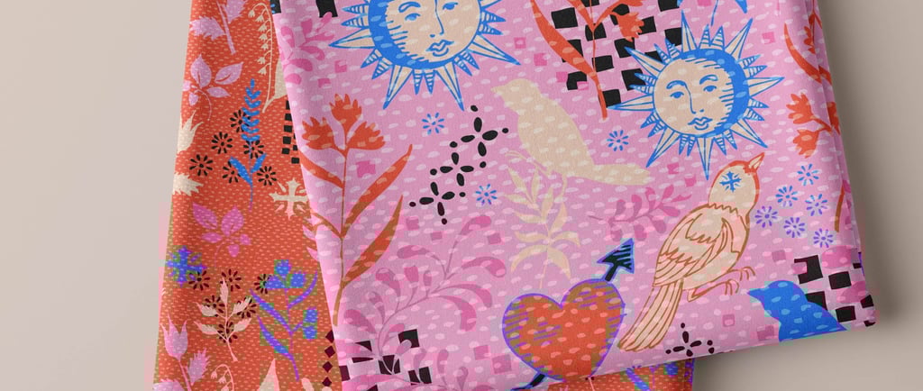 two fabrics folded in pink and red color with nature motives inspired by lovecore trend
