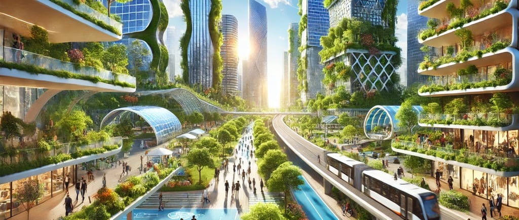 Cidade futurista sustentável, vibrante e acolhedora