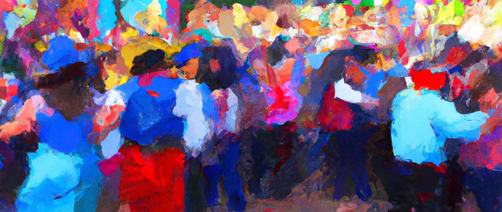 a painting of a group of people dancing in a park