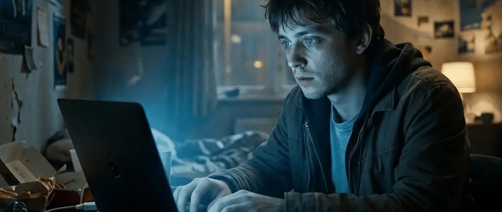 Young man coding on a laptop at a messy desk in a dark room at night with blue screen light.