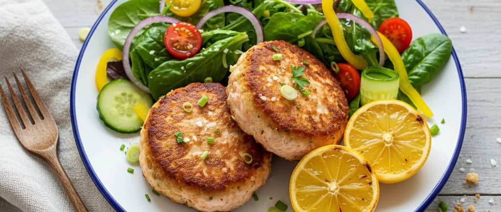 My plate of perfectly seared salmon patties with a salad