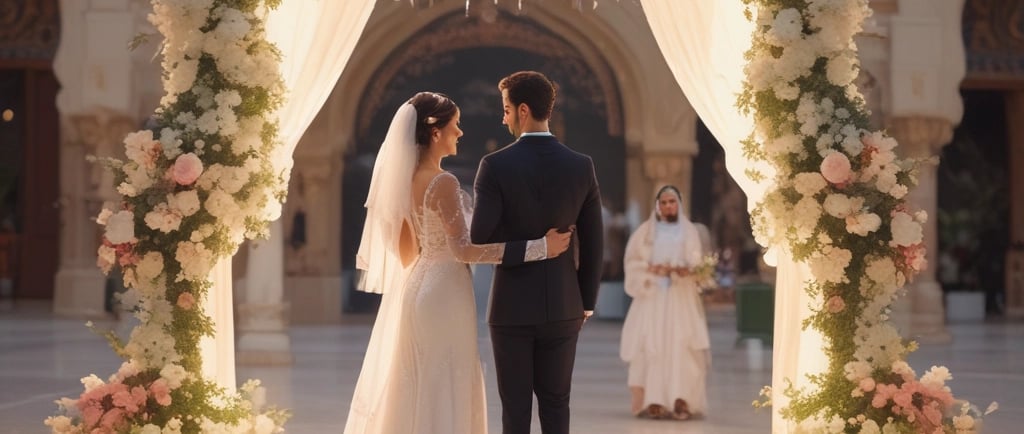 man in black suit standing beside woman in white wedding dress