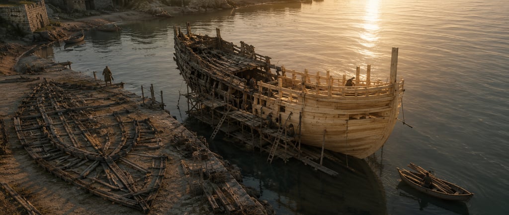 Um barco de mandeia, metade de madeira antiga, gasta, e outra parte nova, limpa.