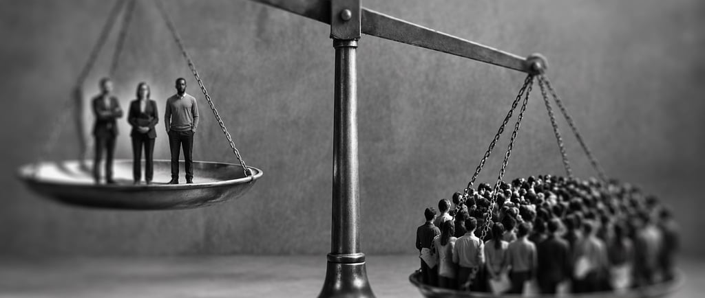 giant metal scale with 3 people on one plate going up , and a group of people on the one going down