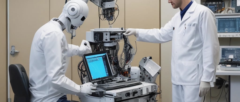 A biomedical equipment technician using a tablet with AI-powered diagnostics in a hospital setting.
