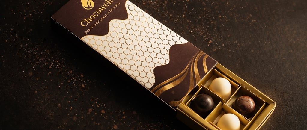 Elegant Chocowell gift box containing an assortment of dark and white gourmet chocolate truffles.