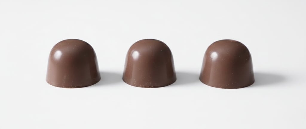 Three gourmet milk chocolate pralines arranged in a row on a white background.