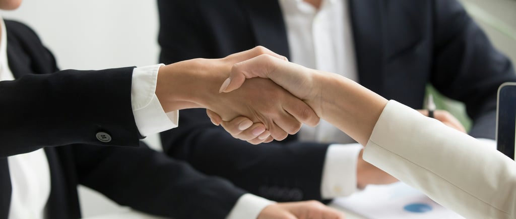 a man and woman shaking hands in a meeting