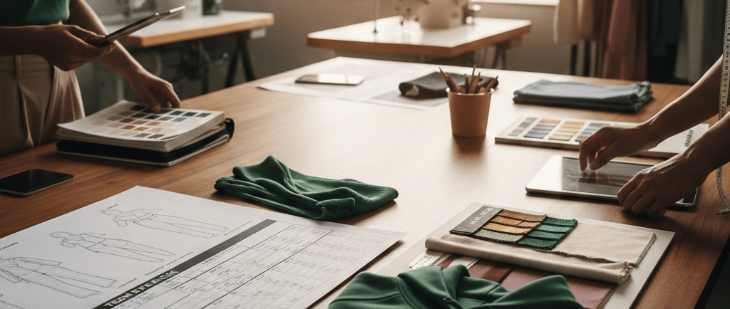 Professional apparel design studio featuring a green folded hoodie, technical tech packs, and fabric swatches