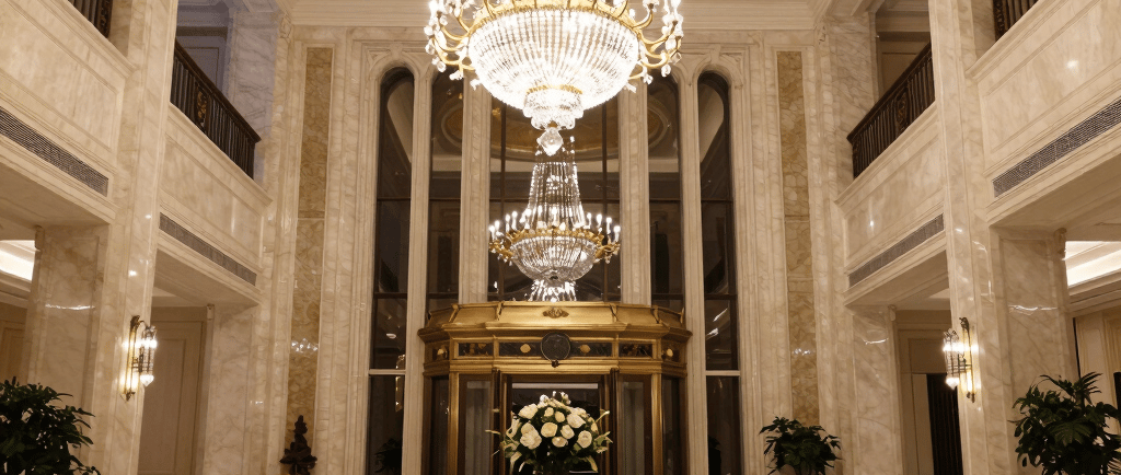 Luxurious hotel lobby with elegant lighting and comfortable seating, capturing a welcoming atmosphere.