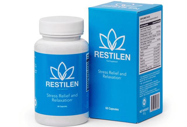 Restilen stress relief and relaxation food supplement bottle and box featuring 60 capsules for anxiety support.