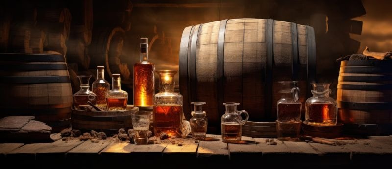 Aged whiskey bottles and glass decanters on a rustic wooden table with vintage oak barrels.