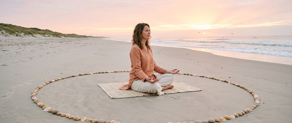 donna seduta su spiaggia in cerchio di conchiglie all'alba