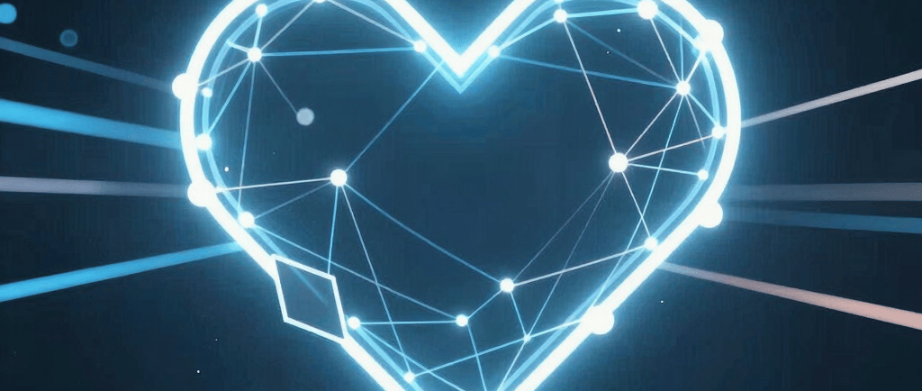 Glowing blue digital heart icon featuring a neural network of connected nodes and data lines.