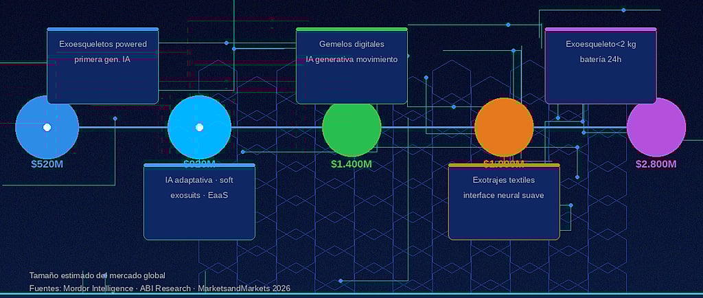 Roadmap tecnológico de exoesqueletos industriales 2026 a 2035 soft exosuits, IA generativa, interface neural, mercado 2800 