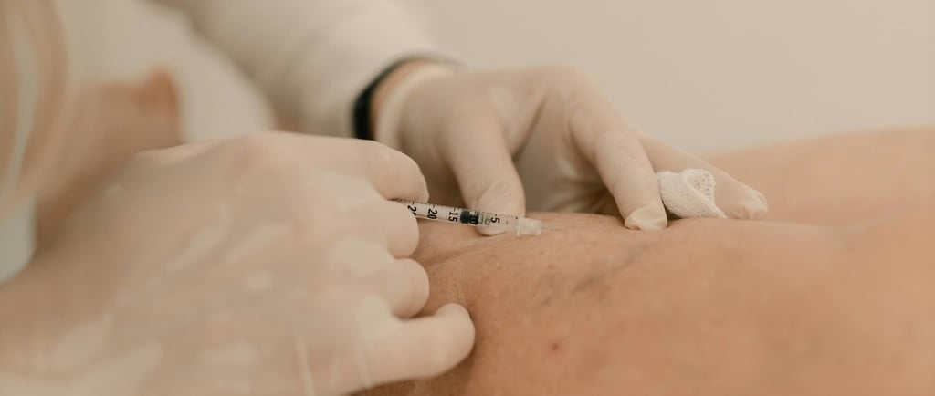 Medical professional in gloves performing sclerotherapy for varicose veins with a syringe on a patient's leg.