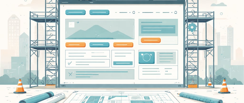 Website development concept showing a site layout under construction with blueprints and scaffolding.