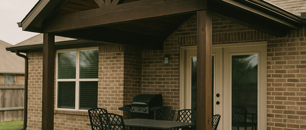 Covered patio with sturdy posts and finished concrete behind a home in Forney, Texas