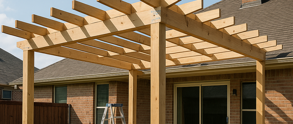Pergola framing in progress over a residential backyard patio