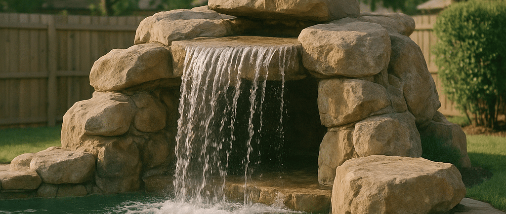 Pool grotto with waterfall, shaded seating, and a sturdy jump rock in a backyard setting