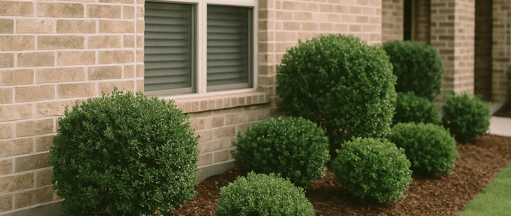 Evergreen shrubs and clean mulch in a well-kept Forney, Texas flower bed