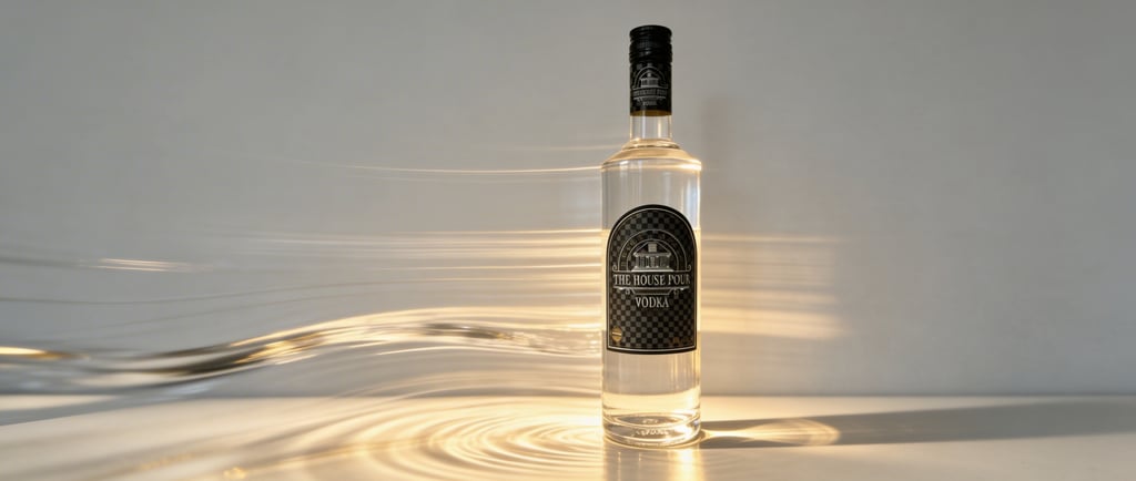 Een fles The House Pour Vodka met artistieke lichtbreking en gloeiende gouden schaduwen.