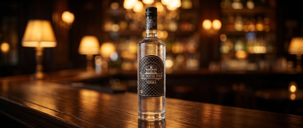Een gekoelde fles The House Pour Vodka op een donkere houten bar in een schemerig verlichte lounge.