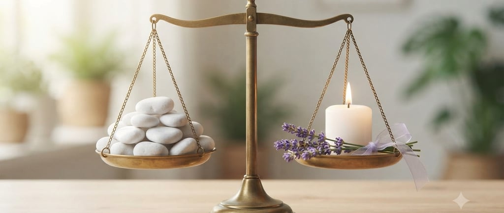 Photographie conceptuelle d'une balance ancienne en laiton parfaitement équilibrée sur une table
